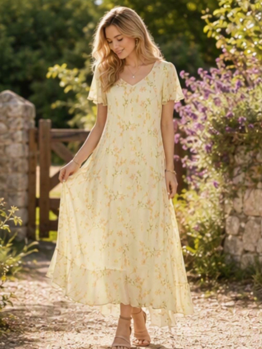 🌷 Amanda Lane 🌷 90s Vintage Butter Yellow Floral Sheer Chiffon High-Low Dress